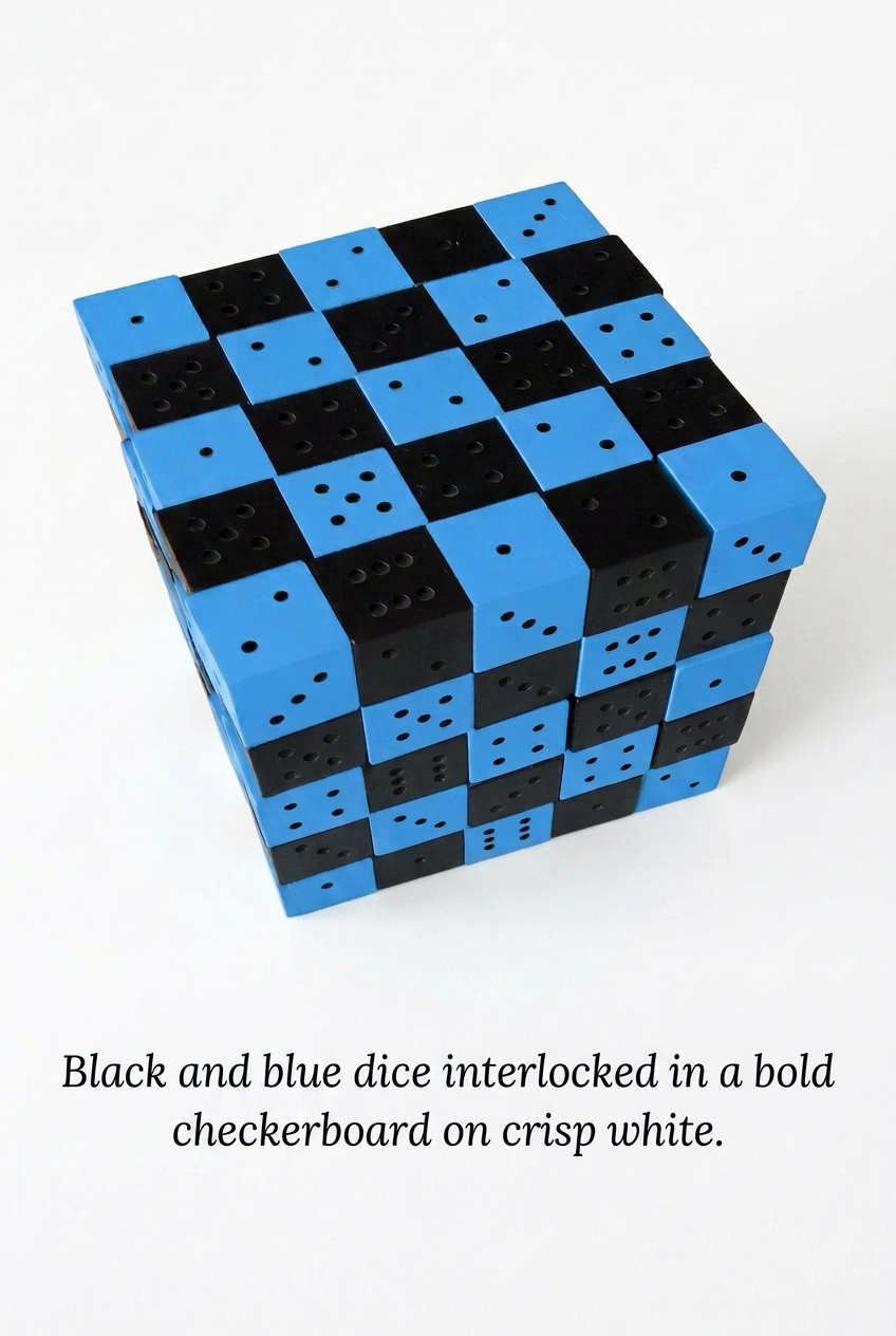 Black and blue dice with caption
