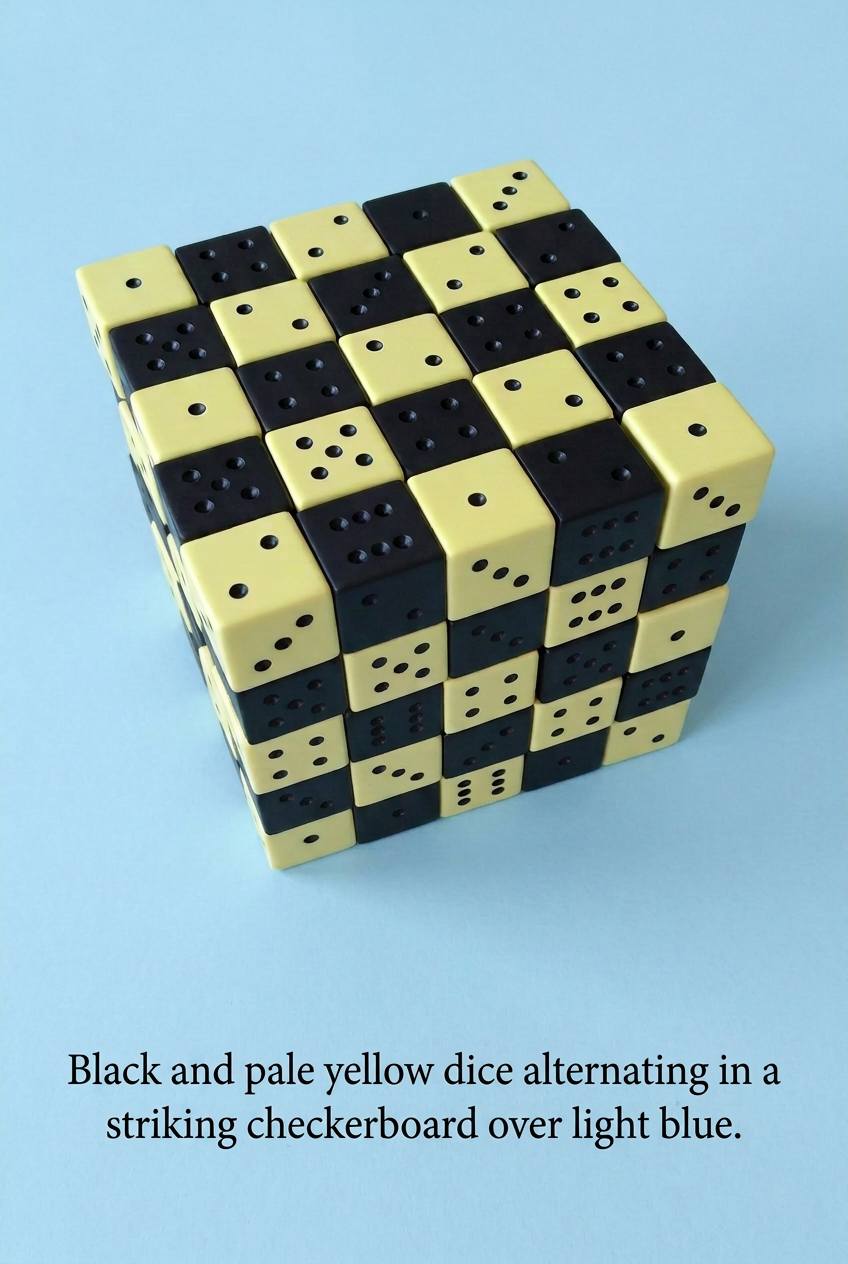 Black and pale yellow dice with caption