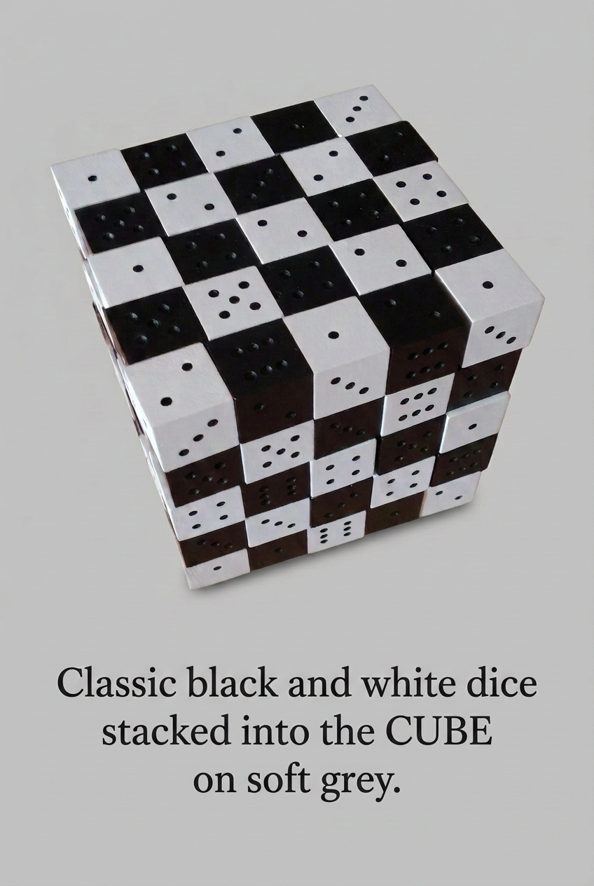 Black and white dice with caption