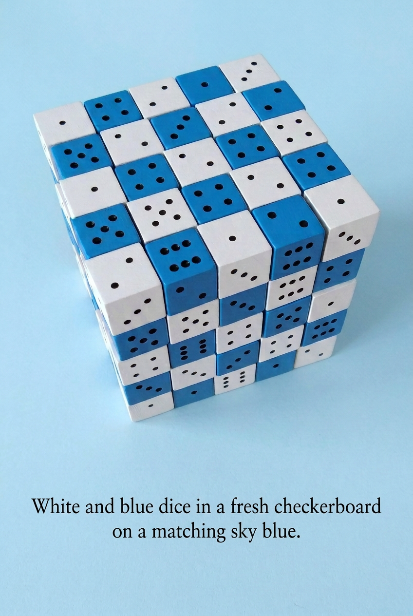 White and blue dice with caption