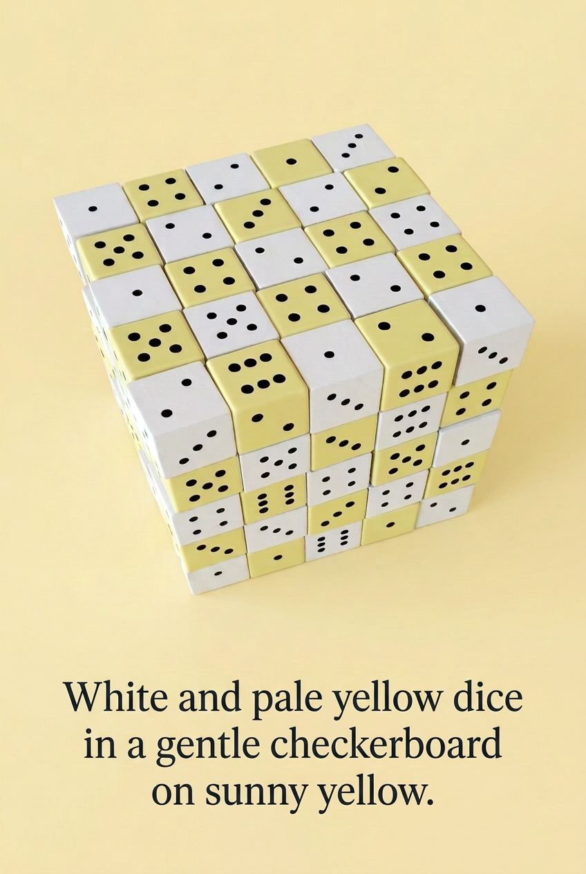 White and pale yellow dice with caption