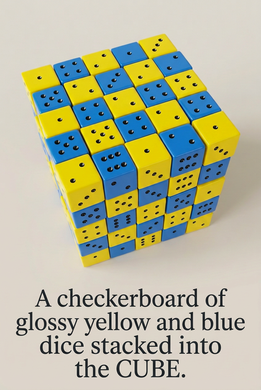 Yellow and blue dice with caption